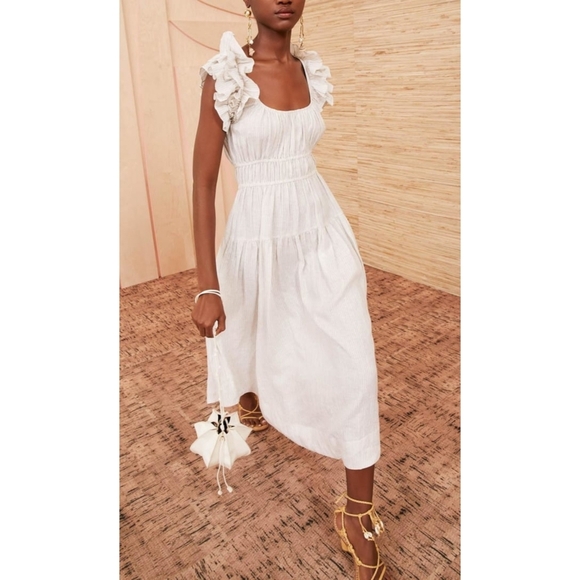 ULLA JOHNSON Rissa Dress Sand 100% Linen Midi Ruffle Tiered Cream Stripe 8 - Picture 3 of 14